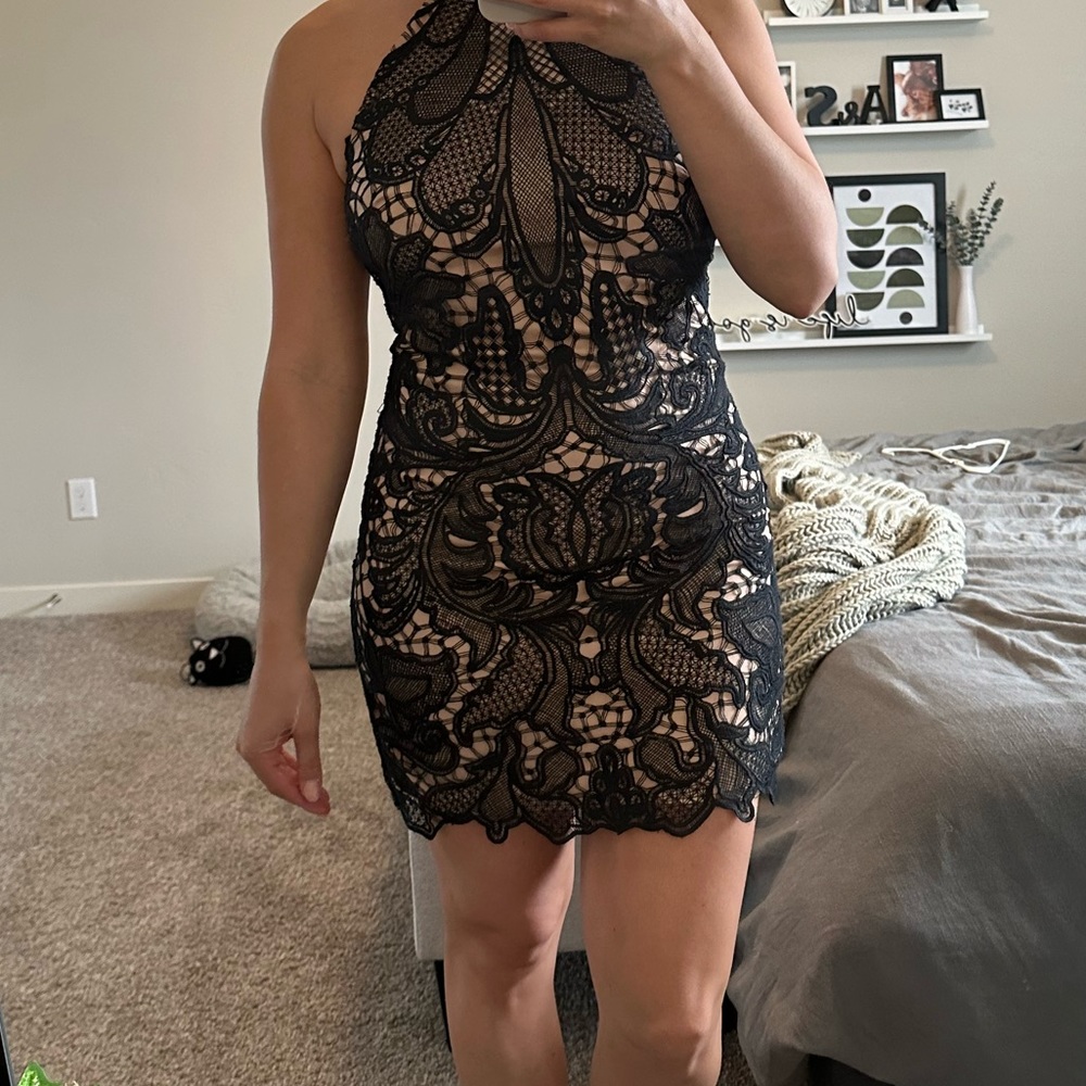 Nude with black lace overlay semi formal dress!